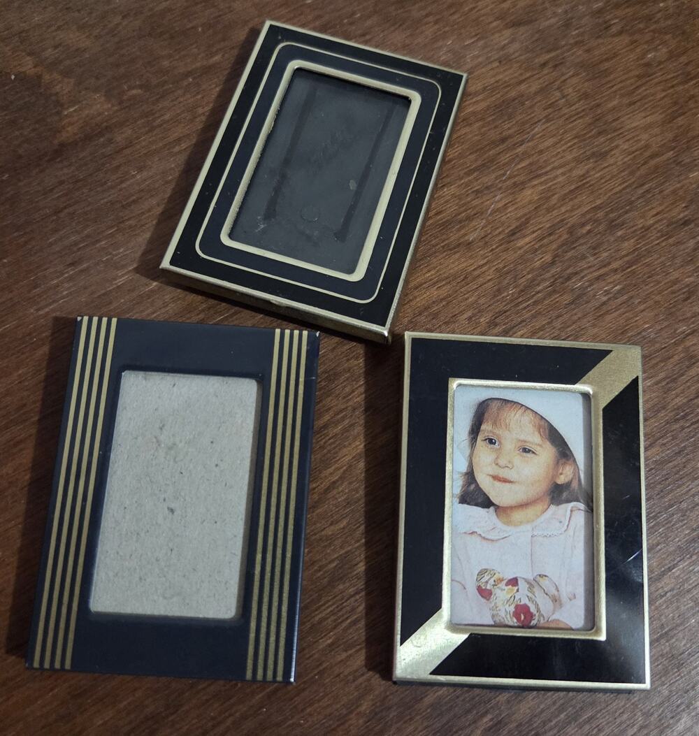 Vintage Black Gold Enamel Mini Picture Frame Lot Of Three 2x2.5 Magnetic Table